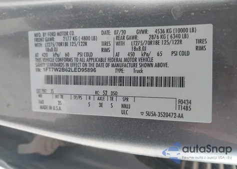 2020 Ford F-250 Xlt z USA, uszkodzony, nr VIN 1FT7W2B62LED95896